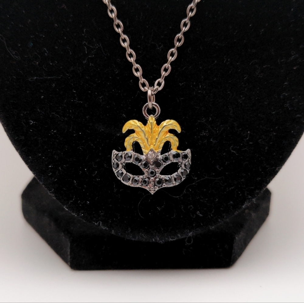 Mardi Gras Mask Black and Gold Pendant Necklace